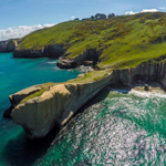 Aerial view of Tunnel Beach in Dunedin, New Zealand